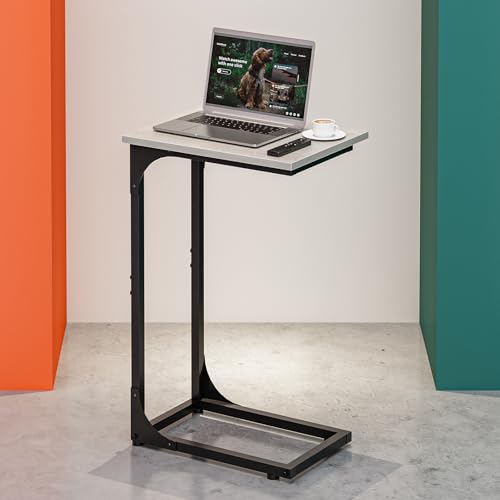 C-Shaped Side Table for Couch - Small Coffee Stand Sofa Tray Desk with Metal Frame and Waterproof Scratch Resistant, Modern End Accent for Living Room, Bedroom, Small Spaces, Greige - color: Greige, size: 1-Pack, style: Without Power Outlets