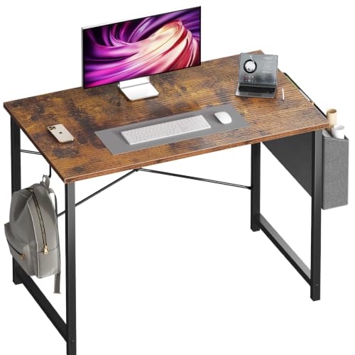 OLIXIS Small Computer Desk, 40 Inch Home Office Desks, Writing Study Craft Work Gaming Table, Computer Workstation for Bedroom Small Spaces with Storage Bag and Headphone Hook, Rustic Brown - color: Rustic Brown, size: 40 Inch with Hook
