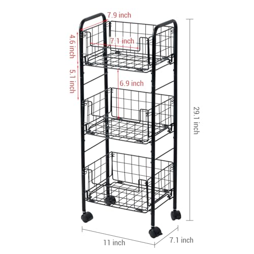 MyGift 3-Tier Rolling Metal Wire Fruit and Vegetable Basket Cart – Industrial Matte Black Kitchen Produce Storage Rack Stand with Wheels for Pantry and Countertop Organization