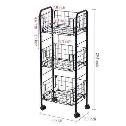 MyGift 3-Tier Rolling Metal Wire Fruit and Vegetable Basket Cart – Industrial Matte Black Kitchen Produce Storage Rack Stand with Wheels for Pantry and Countertop Organization
