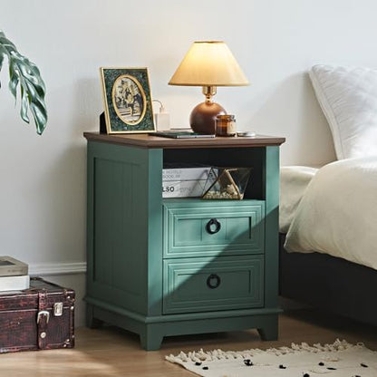 Joaxswe 18" Farmhouse Night Stand with Charging Station, 2 Drawers Bedside End Table, Green Wooden Nightstand, Bed Side Table Cabinet with Open Shelf for Bedroom Living Room Office - color: Green Set 1, size: 2 Drawers