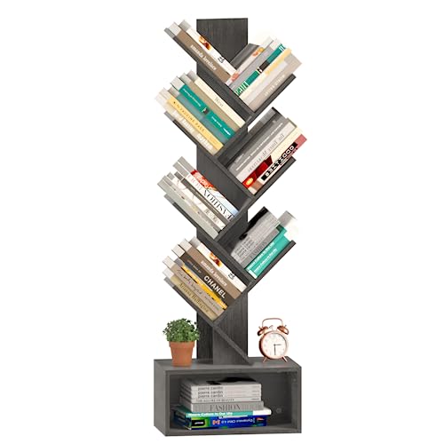 Yoobure Tree Bookshelf - 6 Shelf Retro Floor Standing Bookcase, Tall Wood Book Storage Rack for CDs/Movies, Utility Book Organizer Shelves for Bedroom, Living Room, Home Office, Dark Grey - color: Charcoal Gray