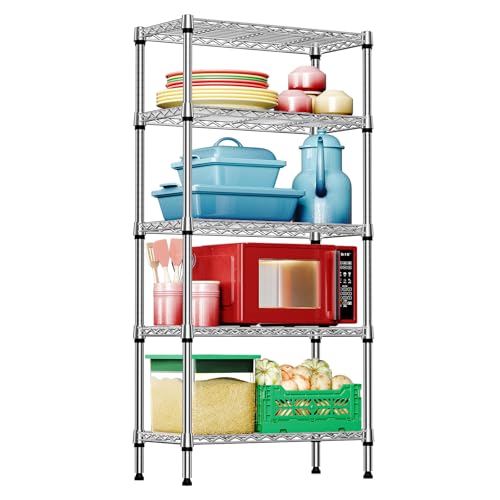 IZEUK 5-Tier Chrome Metal Storage Shelves, Heavy Duty Wire Shelving Unit for Kitchen, Office, Garage, or Home Organization, 1250 lbs Capacity, 13.8" D x 29.5" W x 59.5" H - color: Chrome, size: 5 Tier, 13.8" D x 29.5" W x 59.5" H