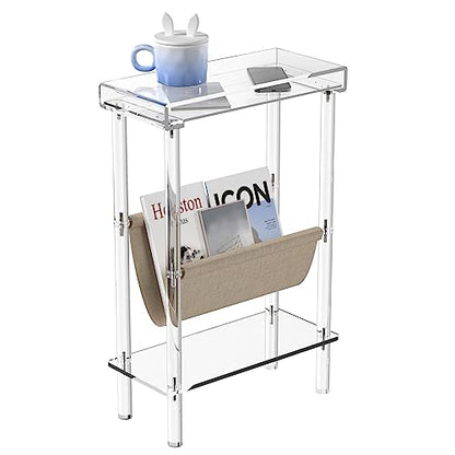 Eglaf Acrylic Narrow Side Table for Small Spaces - Slim End Table | Skinny Side Table with Magazine Holder, Small Bedside Table Nightstand for Living Room Bedroom, 15.7” L x 7” W x 23.9” H