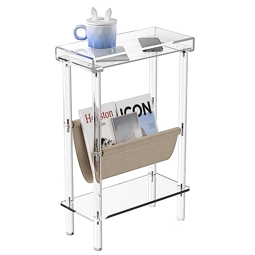 Eglaf Acrylic Narrow Side Table for Small Spaces - Slim End Table | Skinny Side Table with Magazine Holder, Small Bedside Table Nightstand for Living Room Bedroom, 15.7” L x 7” W x 23.9” H