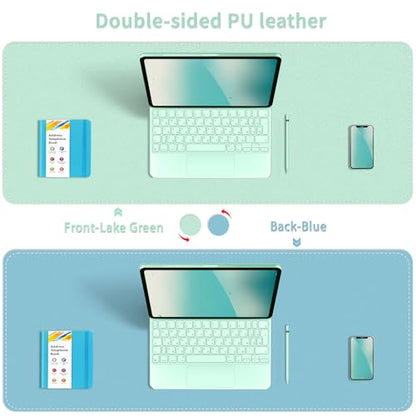 Bleswin Multifunctional Large Desk Mat, Double Sided Computer Desk pad, Extended Mouse Mat, Office Desk Protector with Waterproof PU Leather, 35.4''×16.9'', Office Home Writing Pad (Lake Green+Blue) - color: Lake Green+blue, size: 35.4'' × 16.9''