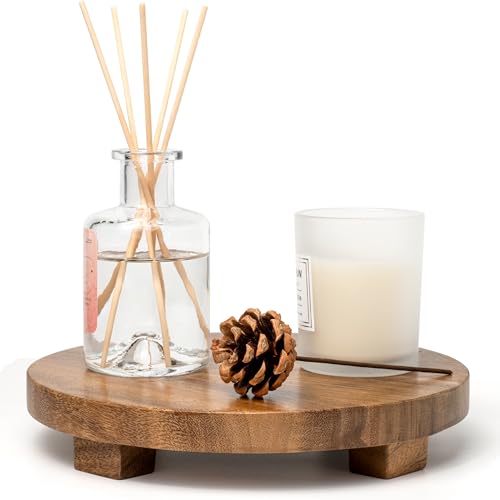 Round 9.4" Acacia Wood Decorative Tray – Farmhouse Wood Riser Pedestal Stand for Kitchen and Bathroom Decor, Counter Display, Vanity Tray (Medium, 9.4" Dia) - size: Medium: Dia 9.4"