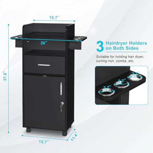 Winado Beauty Salon Trolley Cart, Salon Cabinet with 360° Wheels, 6 Tool Holders, 1 Drawer, Salon Station Rolling Cart for Hair Stylist Beauty Spa Barbershop, Black