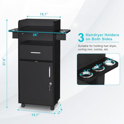 Winado Beauty Salon Trolley Cart, Salon Cabinet with 360° Wheels, 6 Tool Holders, 1 Drawer, Salon Station Rolling Cart for Hair Stylist Beauty Spa Barbershop, Black