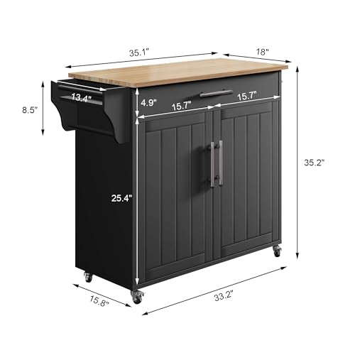 Kitchen Island with Storage, Wooden Countertop Rolling Kitchen Island On Wheels Storage Cabinet, Mobile Kitchen Island Cart with Towel Rack, Spice Rack and Drawers,Black - color: Black