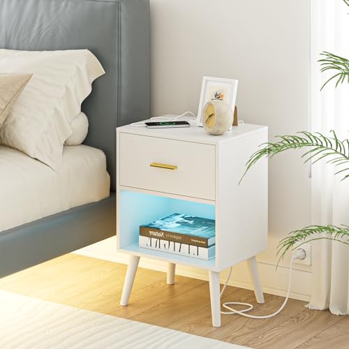 Aienvey Nightstand with Charging Station and LED Lights, White | Small Side Table, Bedside Table with Drawer, Modern Night Stand with Light/Power Strip, End Table for Bedroom, Living Room - color: White