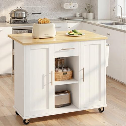 SUNLEI Island Table for Kitchen with Storage, Portable Kitchen Island Cart with Drop Leaf, Rolling Kitchen Island Table with Drawer, Cabinet & Towel Rack, Farmhouse Kitchen Island, White - style: White