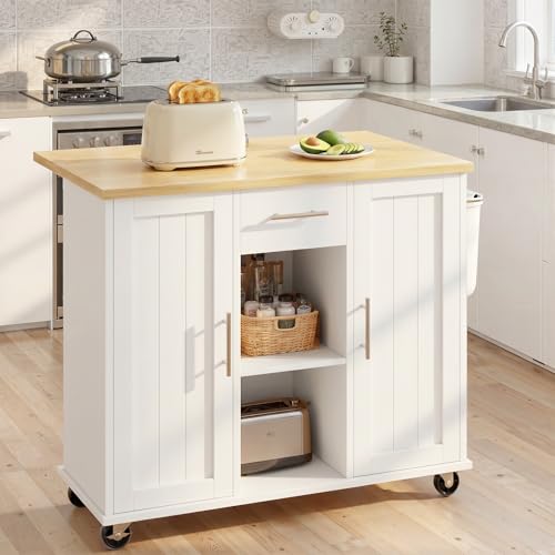 SUNLEI Island Table for Kitchen with Storage, Portable Kitchen Island Cart with Drop Leaf, Rolling Kitchen Island Table with Drawer, Cabinet & Towel Rack, Farmhouse Kitchen Island, White - style: White