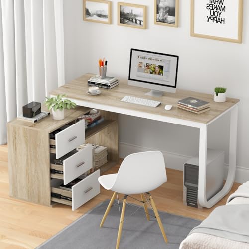 FUFU&GAGA 55.1" Large L-Shaped Office Desk with 41.3" File Cabinet, Corner Computer Desk with 3 Drawers & 2 Shelves, Workstation Executive Desk with Storage Shelf for Home Office - Beige - color: Beige