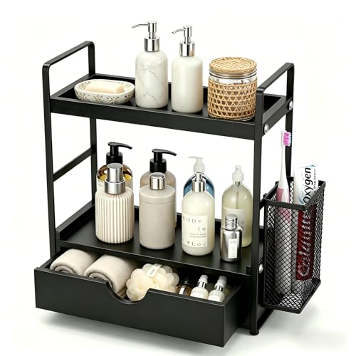 LEMIKKLE Bathroom Counter Organizer with Basket, Bathroom Organizers and Storage,Skincare Organizers for Vanity,Storage Organizers for Bathroom, Kitchen, Dresser (Black with Drawer) - color: Black With Drawer