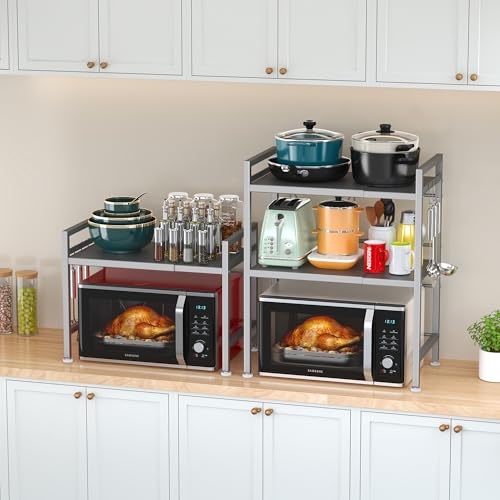 PUSDON Expandable Microwave Oven Rack, 2-Tier Countertop Baker's Rack Style Shelf, Heavy Duty Stand with 3 Hooks, 160lbs Capacity Stainless Steel Appliance Match, Silver Gray - color: Silver Grey, size: H-frame 2 tier