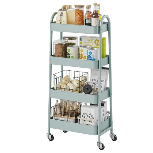 DUMOS 4 Tiers Metal Rolling Utility Cart with Lockable Wheels, Mobile Storage Organizer, Utility Shelving Unit for Kitchen, Office, Bathroom, Laundry, Narrow Places, Light Green - color: 4-tier Green