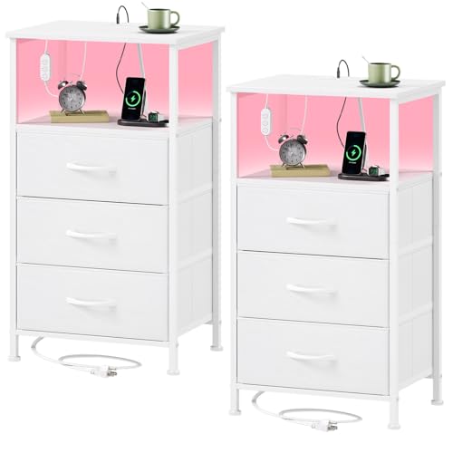 Somdot Nightstands Set of 2 with 3 Drawers, Charging Station & LED Light | Open-Shelf End Tables for Bedside, Small Spaces, Bedroom, Entryway and Hallway, White - color: White, size: 11.8"D x 15.7"W x 28.3"H (3 Drawers)