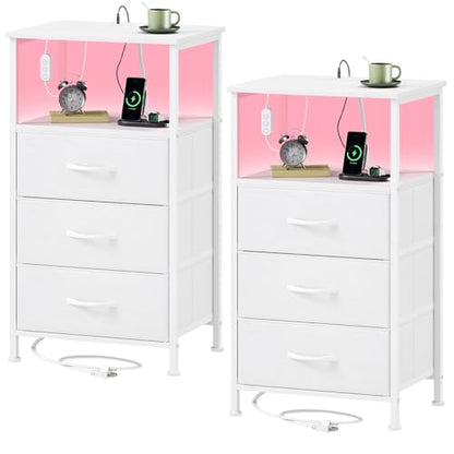 Somdot Nightstands Set of 2 with 3 Drawers, Charging Station & LED Light | Open-Shelf End Tables for Bedside, Small Spaces, Bedroom, Entryway and Hallway, White - color: White, size: 11.8"D x 15.7"W x 28.3"H (3 Drawers)