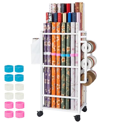 Aquzee Gift Wrapping Paper Organizer Storage, Rolling Gift Wrap Storage Stand, Vertical Wrapping Paper Storage Cart, Ribbon Organizers, 12 PCS Slap Bracelets, Adjustable Rod Design, White - color: White