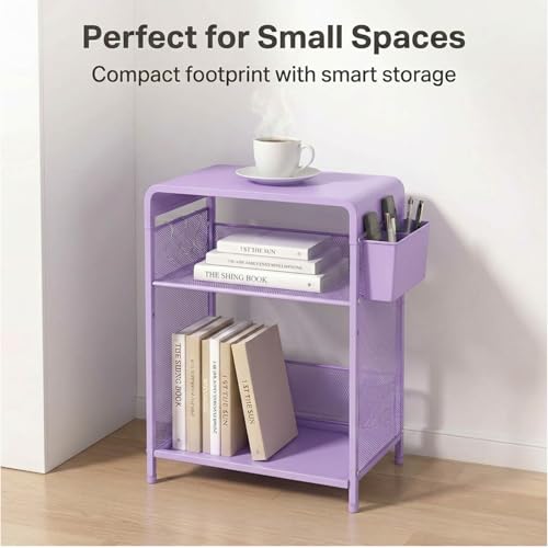 ECOLOVI 3 Tier Printer Stand for Under Desk, Height Adjustable Shelf Small Printer Table with 3 S-Hooks & Basket, Heavy Duty Industrial Storage Shelf for Home Office (Purple Metal) - color: Purple