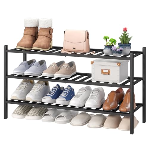 viewcare 3-Tier Long Black Shoe Rack, Bamboo Wood Shoe Rack for Closet, Entryway & Hallway, Stackable | Functional | Sturdy - color: Black, size: 3-Tier Long