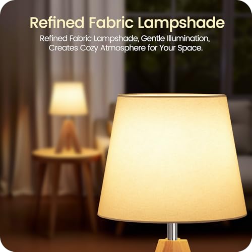Small Tripod Table Lamp, Modern Nightstand Lamp with Fabric Shade, Boho Bedside Wood Desk Light for Bedroom, Kids Room, Living Room, Office, Study, White, W51TL05 - color: White+Natural Wood