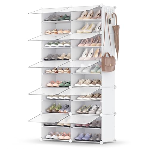 SONGMICS Shoe Rack Organizer, 10-Tier Shoe Storage Cabinet for Closet and Entryway, Holds 40 Pairs of Shoes, Adjustable, Cloud White and Transparent ULPC035W01 - color: Cloud White + Transparent, size: 10 Cubes