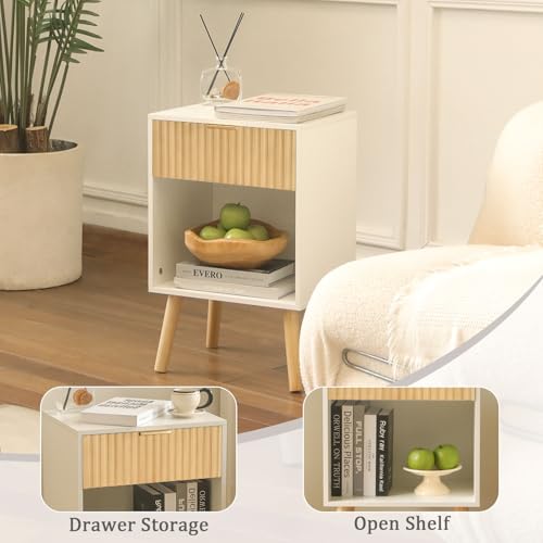 Fultyle Nightstand, Modern Bedside Table with Drawer and Open Shelf, Fluted Night Stand with Solid Wood Legs for Bedroom, Living Room, Office (White Oak) - color: White Oak