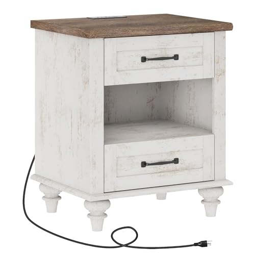 WAMPAT Side Table Nightstand with Charging Station & 2 Drawers, Farmhouse End Table for Living Room, Retro Night Stand Light Wood Bedside Table for Bedroom, Antique White - color: Antique White