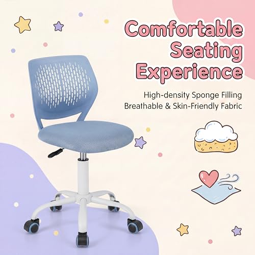 Costzon Kids Desk Chair, Armless Height Adjustable Kids Computer Chair w/Elastic Sponge Filling, Ergonomic Backrest & Sturdy 5-Point Wheels, Children Rolling Swivel Chair for Studyroom (Blue) - color: Blue