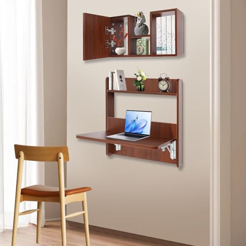 Wall Mounted Bookshelf with Moveable Cabinets, Multifunctional Folding Floating Desk, Fold Down Laptop Table with Storage Shelves for Bedroom Study Room Space Saving Small Space Garage (Walnut) - color: Walnut