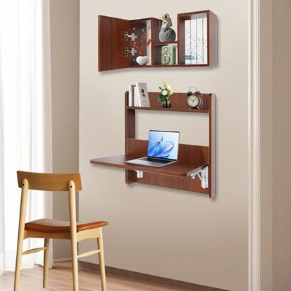 Wall Mounted Bookshelf with Moveable Cabinets, Multifunctional Folding Floating Desk, Fold Down Laptop Table with Storage Shelves for Bedroom Study Room Space Saving Small Space Garage (Walnut) - color: Walnut