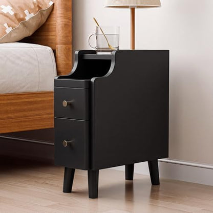 Nightstand, Pre-Assembled, 19.7“H Solid Wood Narrow Night Stand with 2 Drawers, Open Sliding Shelf, Mid Century Modern Small Bedside Table for Bedroom, Black 8" - color: Black, size: 8"