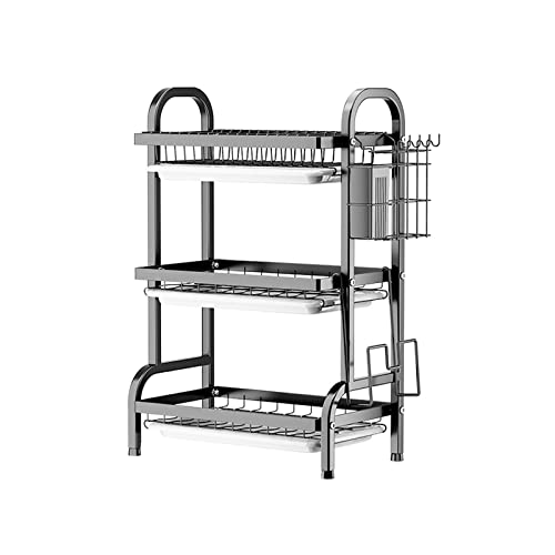 Goldmeet 3 Tier Dish Drying Rack, Large Stainless Steel Over The Sink Dish with Drain Tray, Kitchen Dishes Drying Racks, Dish Racks for Kitchen Counter Storage (Black)
