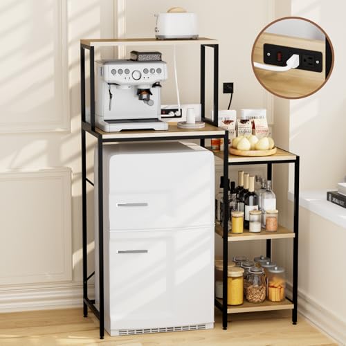 Mini Fridge and Microwave Stand Cabinet Shelf Organizer for Dorm, 5 Tiers Adjustable Over Mini Fridge Storage Bakers Rack with Power Outlet for Kitchens, Coffee Bar for Office,Natural - color: Natural