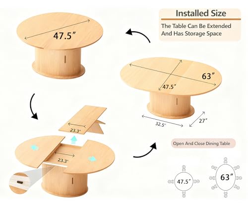 Wildhome Extendable Round Dining Table for 2-4-6, 63 Inch Dining Room Kitchen Table with 2-Tier Storage Shelf, Modern Farmhouse Fluted Wood Slide Door Dinner Furniture,Oval Circle (Oak-63 Inch) - color: Oak-63 Inch