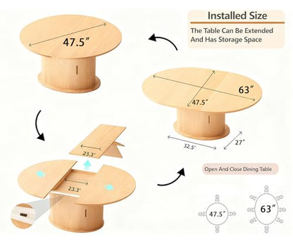 Wildhome Extendable Round Dining Table for 2-4-6, 63 Inch Dining Room Kitchen Table with 2-Tier Storage Shelf, Modern Farmhouse Fluted Wood Slide Door Dinner Furniture,Oval Circle (Oak-63 Inch) - color: Oak-63 Inch