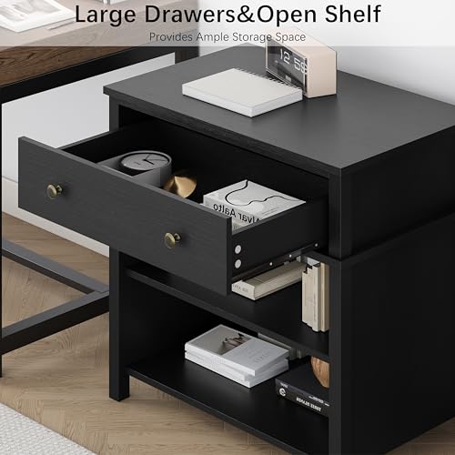 End Table with Drawer and 2 Tier Shelves, Wood Sofa Side Table for Living Room, Modern Nightstand Bedside Table for Bedroom, Small Console Table for Entryway, Hallway, Black - color: Black