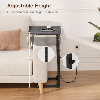 Vagusicc C Shaped End Table with Charging Station, 33" Tall Side Table for Couch, Adjustable Height C Table End Table, Couch Table Slide Under Sofa Table TV Tray Table for Living Room, Gray Walnut - color: Gray Walnut, style: Charging Station