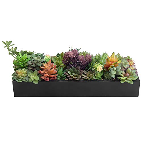 MyGift Artificial Succulent Centerpiece,15.75 Inch Faux Succulents Arrangement Plants in Sleek Black Wooden Rectangular Planter Box - color: Sleek Black Wood