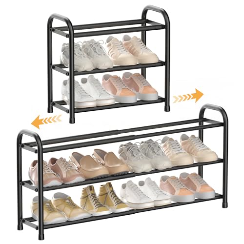 ENJOYBASICS 3 Tier Expandable Shoe Rack for Closet, Free Standing Metal Shoe Shelf Storage Organizer Holder 12 Pairs, Adjustable Width Shoe Rack for Entryway Small Space, Black - size: 3 Tier (6-12 Pairs)