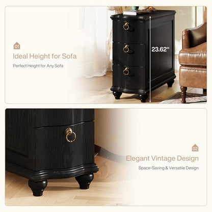 Tribesigns Wood Black End Table Set of 2, 3-Drawers Fully Assembled Narrow Slim Side Table, No Assembly Required, Nightstand for Bedside, Small Spaces, Living Room, Bedroom - color: Black