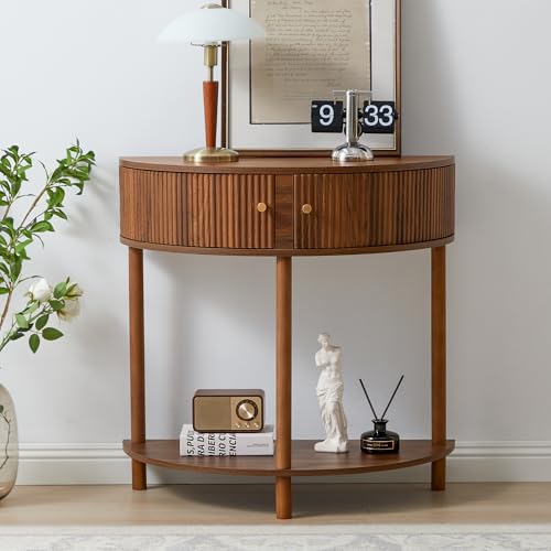 XUZENEST Fluted Half Moon Console Table, Modern Small Entry Sofa Table with Storage, Solid Wood Legs Narrow Entryway Table for Living Room, Hallway, Foyer(Walnut) - color: 31.5 Walnut