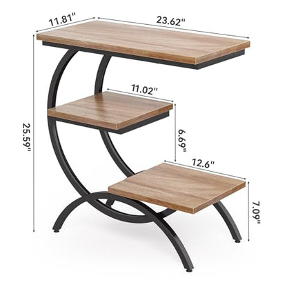 LITTLE TREE End Table, Narrow End Table with 3 Storage Shelves, Industrial C-Shaped Small Sofa Side Table for Living Room, Wood Slim Snack Table with Black Metal Frame, Oak - color: Oak