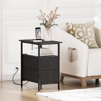 HOOBRO End Table with Charging Station, Narrow Side Table, Nightstand with 2 Non-Woven Drawers, Slim Sofa Side Table, for Small Spaces, Living Room, Bedroom, Black BB486UBZ01 - color: Black, size: 11.8"L x 18.9"W x 23.6"H