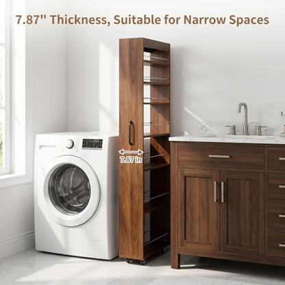 7-Tier Slim Mobile Shelving Cart with Wheels, Rolling Pantry with 7 Racks, Narrow Pull-Out Utility Cart, Space Saving Storage Organizer Carts for Kitchen Living Room Bathroom Narrow Spaces, Walnut - size: Walnut & 7.87"D x 17.72"W x 70.87"H
