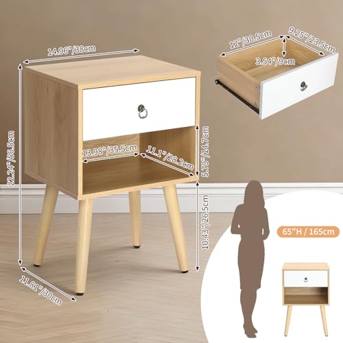 Bonnlo Nightstand Set of 2, Modern Bedside Table with Drawer Open Shelf, End Table with Solid Wood Legs for Bedroom, Oak - color: White+oak, size: 1 Drawer 1 Shelf