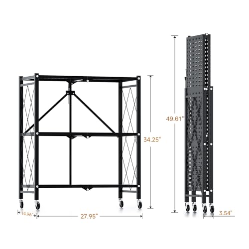 Simple Deluxe 3-Tier Folding Storage Shelves, 27.95" W x 14.96" D x 34.25" H Foldable Shelving Unit, 750 Lbs Loading Capacity, Black - size: 3-Tier, 28"W x 15"D x 34"H