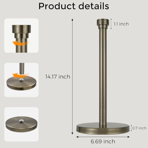 Paper Towel Holder Countertop, Freestanding Paper Towel Stand with Weighted Non-Slip Base, Easy Assembly, Unique Decorative End Cap for Kitchen and Bathroom (Antique Bronze)